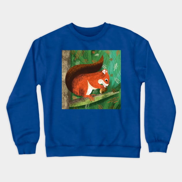 Red squirrel eating a nut in a tree Crewneck Sweatshirt by Mimie20